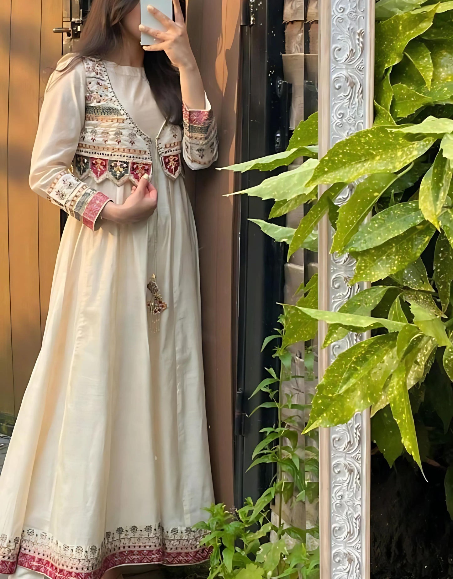 Ivory Chanderi Embroidered Party wear Gown with Dupatta