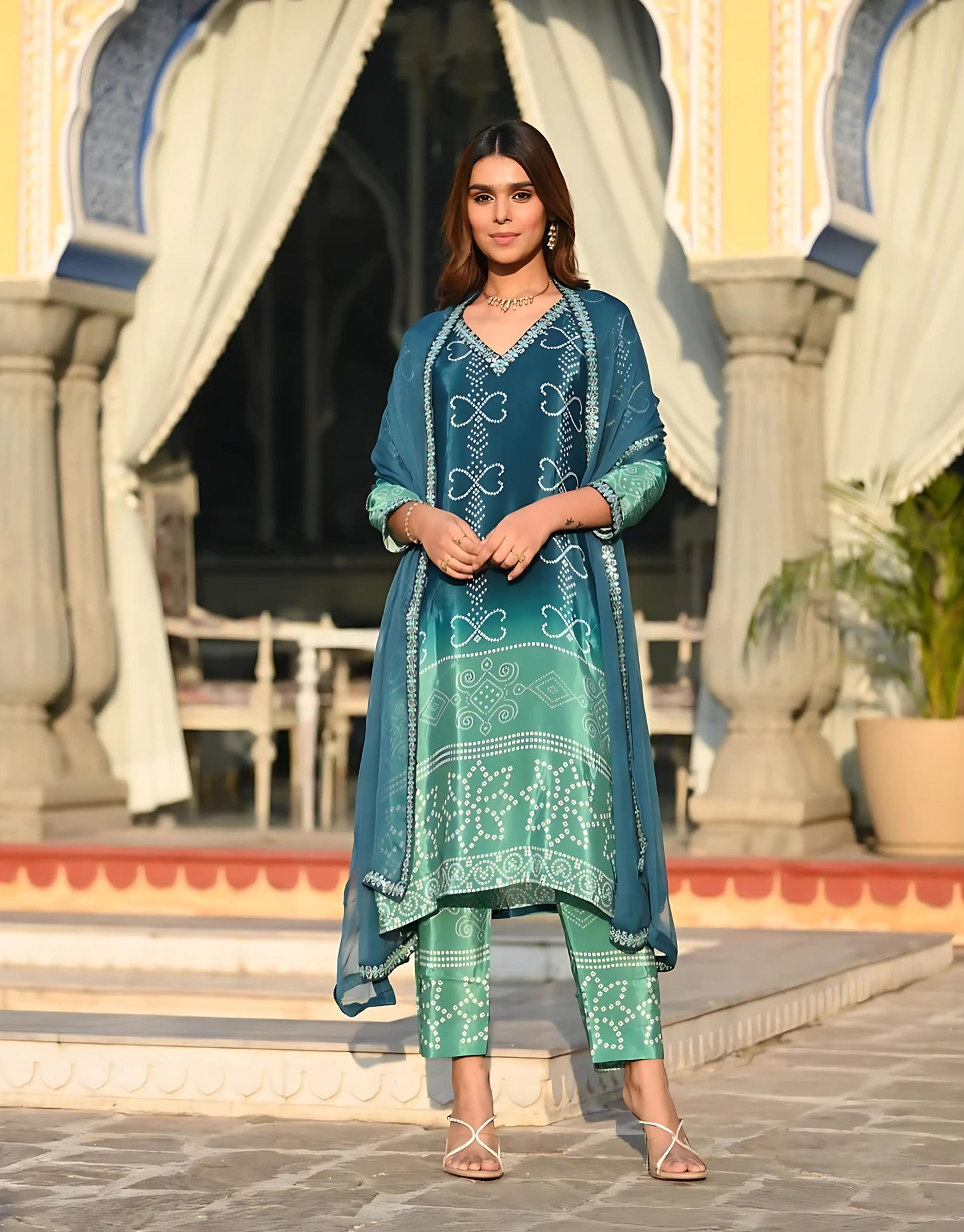 Bandhani Silk Ombre Festive Kurta Set - Gulabi Paridhan
